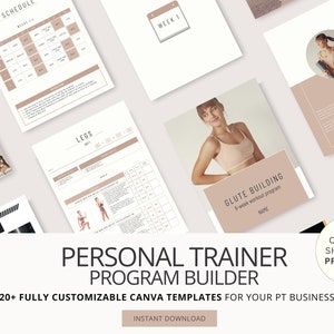 Op de afbeelding: Een digitaal product voor personal trainers met meer dan 20 aanpasbare Canva-sjablonen voor het maken van trainingsprogramma's. De afbeelding toont verschillende sjablonen met titels zoals "Schedule", "Legs" en "Glute Building".
