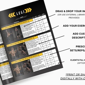 May include: A black and white workout log template with the word "LEGS" in yellow text. The template includes space for exercise names, sets, reps, and weight. It also has space for images and descriptions. The template is designed to be used by personal trainers or fitness professionals.