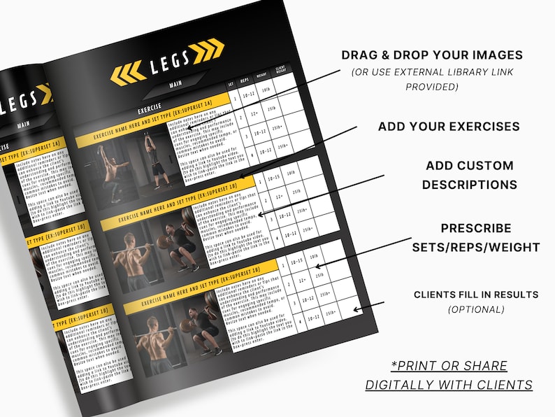 May include: A black and white workout log template with the word "LEGS" in yellow text. The template includes space for exercise names, sets, reps, and weight. It also has space for images and descriptions. The template is designed to be used by personal trainers or fitness professionals.