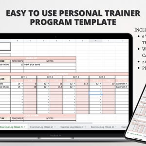 May include: A computer screen displaying a 6-week workout program template. The template includes a weekly exercise calendar, two colour options, and a printable version. The text "EASY TO USE PERSONAL TRAINER PROGRAM TEMPLATE" is at the top of the screen.