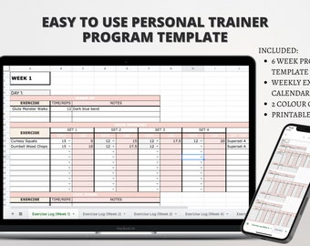 Modelo de programa de cliente de personal trainer / Versão eletrônica + PDF + Modelo de calendário de PT / Programação de instrutor de fitness