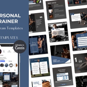 May include: A collection of 50 Instagram templates for personal trainers, featuring images of people working out, motivational quotes, and workout tips. The templates are editable in Canva and include text such as "Personal Trainer", "50 Templates", "Editable in Canva", "Workout Tips", "Strength Training Classes", "Online Workout Sessions", "Build Custom Workout Plans", and "Giveaways".