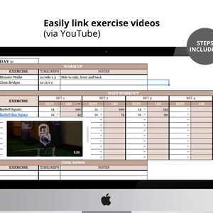 May include: A computer screen showing a workout plan with a video of a woman performing barbell box squats. The plan includes sets, reps, and weight for each exercise. The screen also features a warm-up and cool-down section.