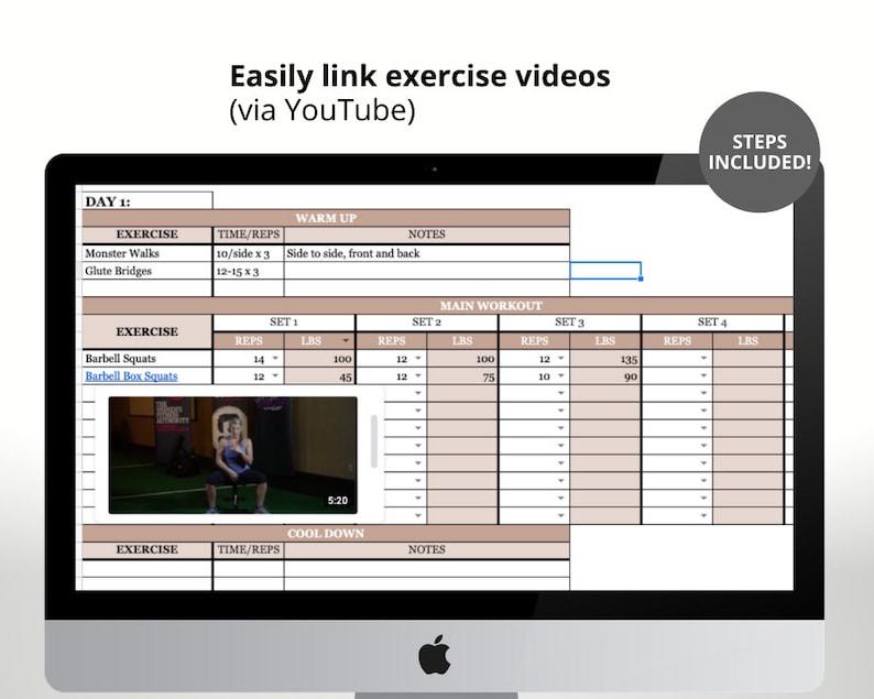 May include: A computer screen showing a workout plan with a video of a woman performing barbell box squats. The plan includes sets, reps, and weight for each exercise. The screen also features a warm-up and cool-down section.