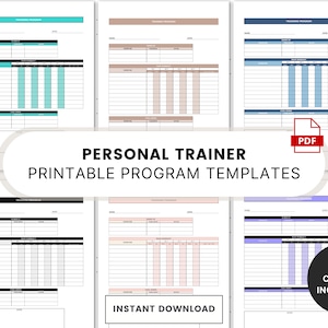 May include: Printable personal trainer program templates in six different colour schemes: teal, pink, blue, black, light pink, and purple.  The text "PERSONAL TRAINER PRINTABLE PROGRAM TEMPLATES" is at the top of the image.  The text "INSTANT DOWNLOAD" is at the bottom of the image.  The text "ALL COLOURS INCLUDED!" is in the bottom right corner of the image.