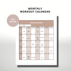 May include: A printable monthly workout calendar with a brown background and white text. The calendar is for January and includes a list of different workout types for each day of the week, such as legs, back, chest, shoulders, cardio, core, and upper body.