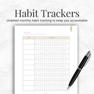 May include: A printable habit tracker with a checklist for each day of the month. The tracker has a section for the start date, habit name, and notes.