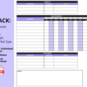 May include: A printable workout log template with sections for warm-up, main workout, and cool-down. The template includes columns for exercise, time/reps, and notes. The template is designed to track exercises, sets, reps, weight, and rest/set type.