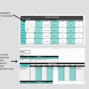 May include: A digital training programme template with a calendar and workout tracking sections. The template includes sections for exercises, reps, weight, and rest/set type. The calendar is pre-programmed to adjust dates.