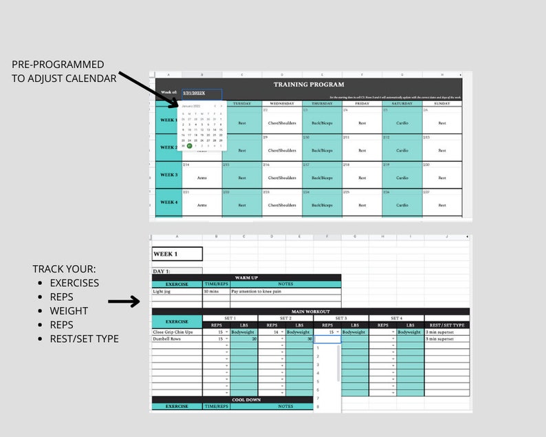 May include: A digital training programme template with a calendar and workout tracking sections. The template includes sections for exercises, reps, weight, and rest/set type. The calendar is pre-programmed to adjust dates.
