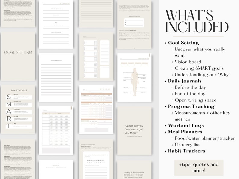 May include: A printable planner with a beige background and black text. The planner includes sections for goal setting, daily journaling, progress tracking, workout logs, meal planning, and habit tracking. The text "What's Included" is at the top of the page.