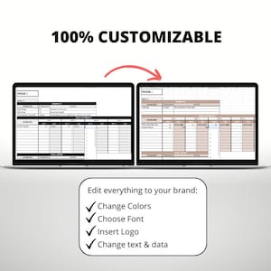 May include: A screenshot of a computer screen displaying a customisable workout template. The template is divided into sections for warm-up, main workout, and cool-down. The template is 100% customisable, allowing users to change colours, fonts, and insert logos. The text on the screen reads "100% Customizable".