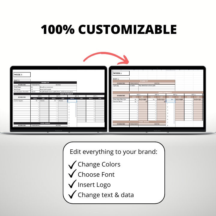 Personal Training Template, Digital Workout Program, Exercise Planner ...