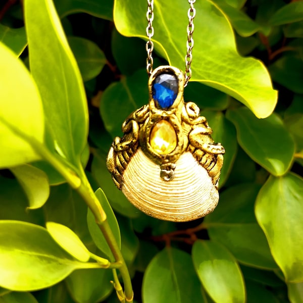 Mermaid Polymer clay celtic real seashell pendant blue gold drop gems fantasy elvish