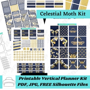 Celestial Moth 6 page Printable Vertical Planner Kit including a page of Foils/Overlays