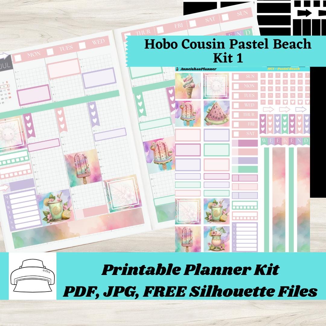 Pastel Beach Printable Hobonichi Cousin Weekly Planner Sticker Kit 1 ...