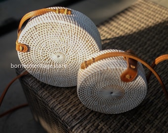 Round White plastic mix Rattan Bag, Rattan Bag, Bali Bag, Sling Bag, Crossbody Bag, Bohemian Bag, Boho Style, Gift For Mom, Gift For Her