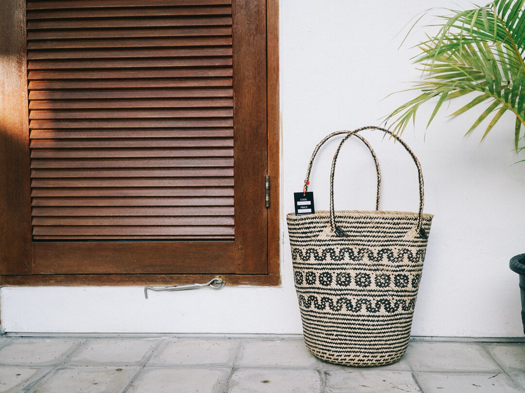Rattan Bakul Tote Bag With Black Pattern - Rattan Bag - Handmade - Hand ...
