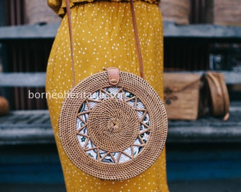 Bolso redondo ecológico de ratán con estampado, bolso de hierba Ata, bolso de mujer, bolso de playa, estilo boho, boho, tejido a mano, hecho a mano, regalo para ella