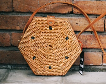 Bali Hexagon Rattan Bag - Atta Rattan Bag - Summer Bag - Handwoven Bag - 22x20(cm)