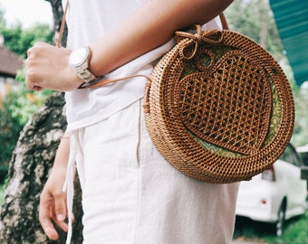 Bolso redondo de ratán Bali Premium, bolso de ratán, bolso ecológico, bolso bandolera, bolso de mujer, bolso de playa, hecho a mano, tejido a mano, regalo para ella, regalo de cumpleaños