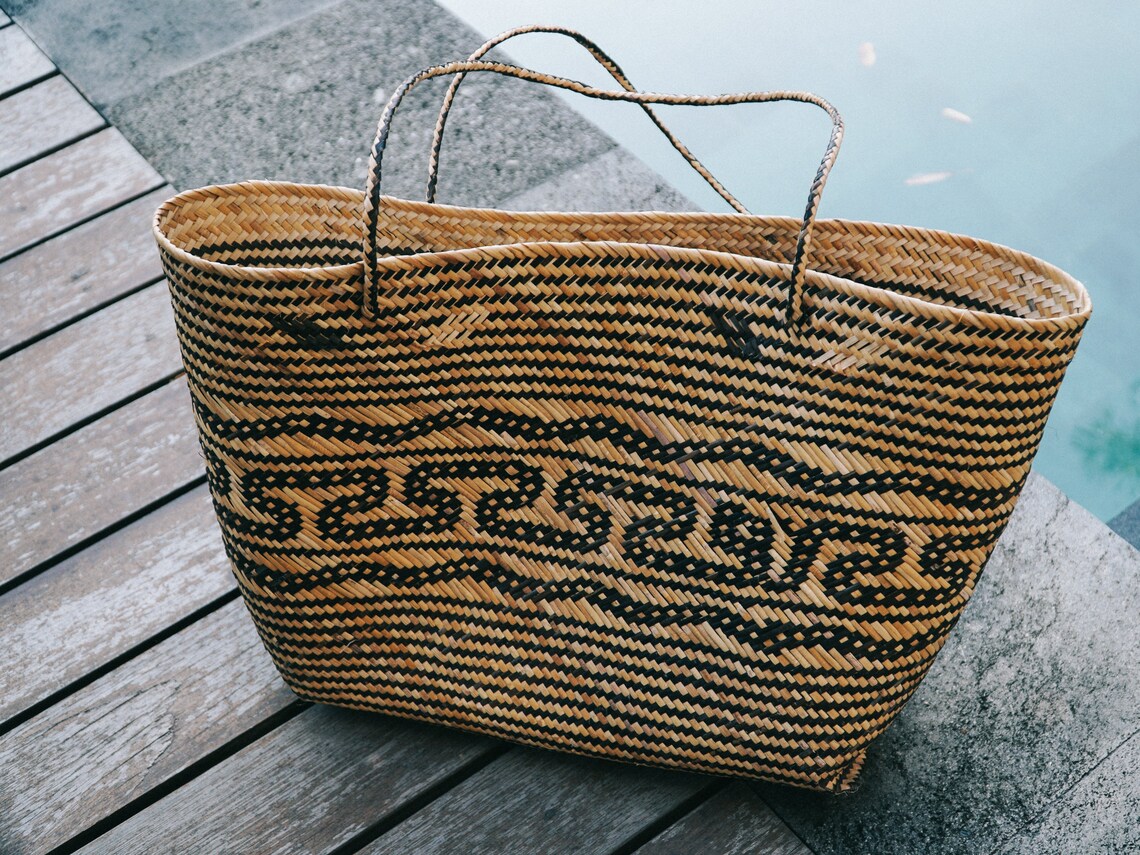 Rattan Tote Bag With Black Pattern Rattan Bag Hand Woven Etsy