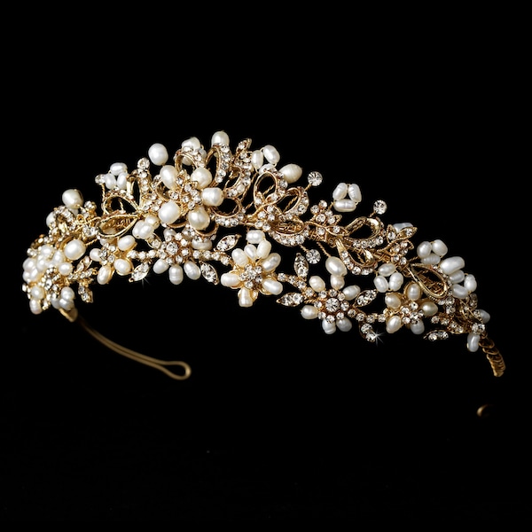 Gold Freshwater Pearl Crown Tiara Antique and Vintage Inspired for Bridal, Wedding, Special Occasion