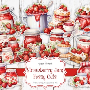 Aardbeienjam kieskeurige snijwonden, afdrukbare junk Journal, Junk Journal Paper, digitale download, Strawberry Ephemera, Summer Junk Journal