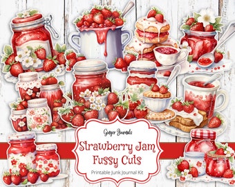 Jordgubbssylt Fussy Cuts, Junk Journal utskrivbar, Junk Journal-papper, digital nedladdning, jordgubbs-ephemera, sommar-skräpjournal