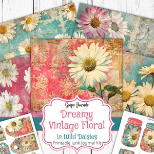 Kit de 30 pages de carnet de notes florales vintage florales marguerites sauvages de rêve, marguerite, journal indésirable imprimable, papier pour carnet, journal indésirable vintage minable