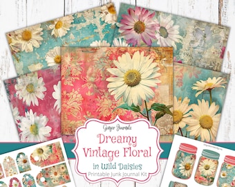 30 Seiten verträumtes Vintage Junk Journal Kit, Gänseblümchen, Junk Journal Printable, Journal Papier, Shabby Vintage Junk Journal