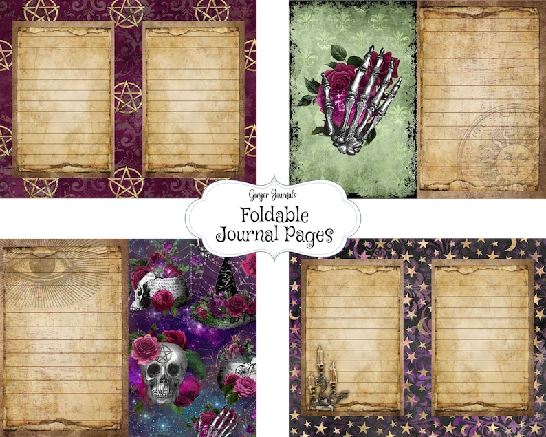 Op de afbeelding: Vier printbare pagina's met gestreept papier en een verscheidenheid aan griezelige Halloween-thema achtergronden. De achtergronden omvatten pentagrammen, rozen, schedels, een skelethand en een heksenhoed. De tekst "Ginger Journal Foldable Journal Pages" is opgenomen in de afbeelding.