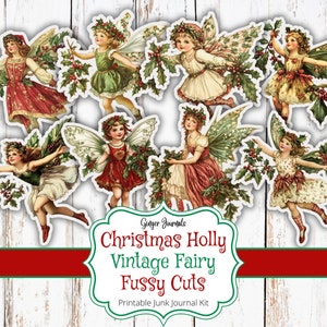 Tagli fussy vintage di fata di agrifoglio natalizio, effimeri di fata vintage, fate, diario di Natale stampabile, kit diario di spazzatura, FY, CM