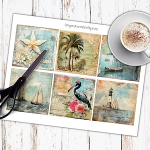 May include: A sheet of vintage-style scrapbook paper with nine squares featuring images of a starfish, palm trees, a sailboat, a bird, a lighthouse, and a boat. The paper is printed on a white background with a distressed, aged look.