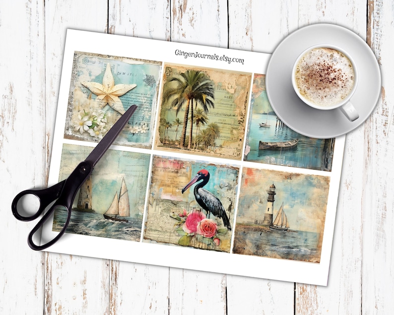 May include: A sheet of vintage-style scrapbook paper with nine squares featuring images of a starfish, palm trees, a sailboat, a bird, a lighthouse, and a boat. The paper is printed on a white background with a distressed, aged look.