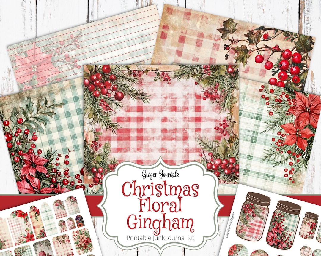 Christmas Floral Gingham Junk Journal Kit, Junk Journal Printable ...