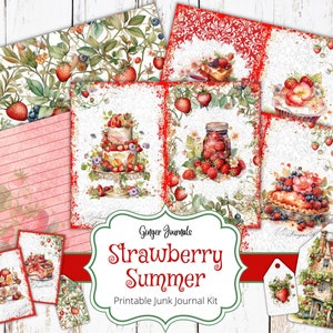 Kit per diario spazzatura alle fragole, diario spazzatura stampabile, carta per diario spazzatura, download digitale, materiale effimero, diario spazzatura estivo, fragole