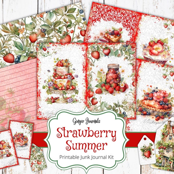 Strawberry Junk Journal Kit, Junk Journal Printable, Junk Journal Paper, Digital Download, Ephemera, Summer Junk Journal, Strawberries