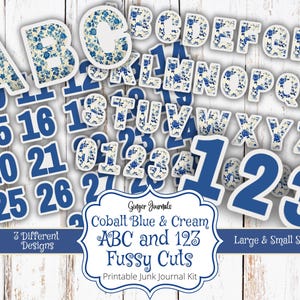 ABC and 123 Fussy Cuts, Junk Journal Kit, Cobalt Blue and Cream, Blue Ephemera, Junk Journal Printable, Tags, Shabby Blue, Letters, Alphabet