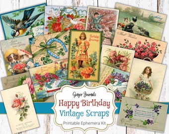 Vintage Happy Birthday Ephemera Kit, Vintage Ephemera, Junk Journal Printable, Junk Journal Kit, Vintage Birthday Cards, Ginger Journals