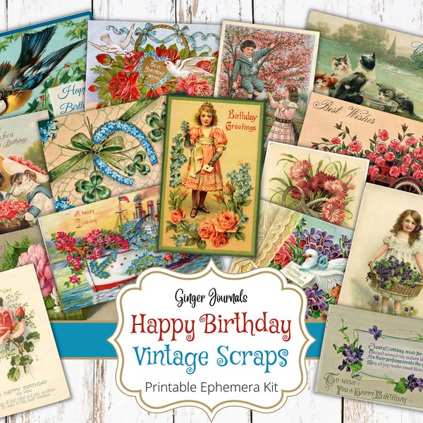 Vintage Happy Birthday Ephemera Kit, Vintage Ephemera, Junk Journal Printable, Junk Journal Kit, Vintage Birthday Cards, Ginger Journals