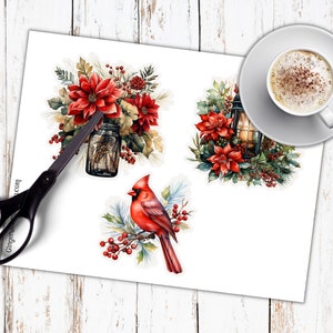 May include: Three digital printable images featuring a red cardinal, a red poinsettia with a mason jar, and a red poinsettia with a lantern. The images are ideal for crafting projects, scrapbooking, or adding a touch of festive cheer to your home decor.