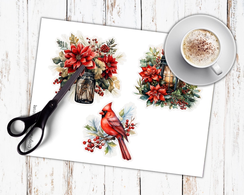 May include: Three digital printable images featuring a red cardinal, a red poinsettia with a mason jar, and a red poinsettia with a lantern. The images are ideal for crafting projects, scrapbooking, or adding a touch of festive cheer to your home decor.