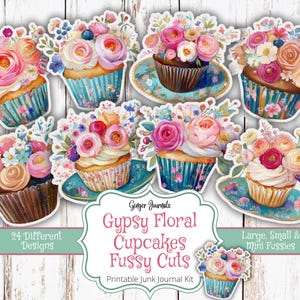 Cupcakes florales gitanos con cortes delicados, adornos para cupcakes, etiquetas, material efímero, imprimible para diario basura, kit para diario basura, diarios de jengibre, pastel, cumpleaños