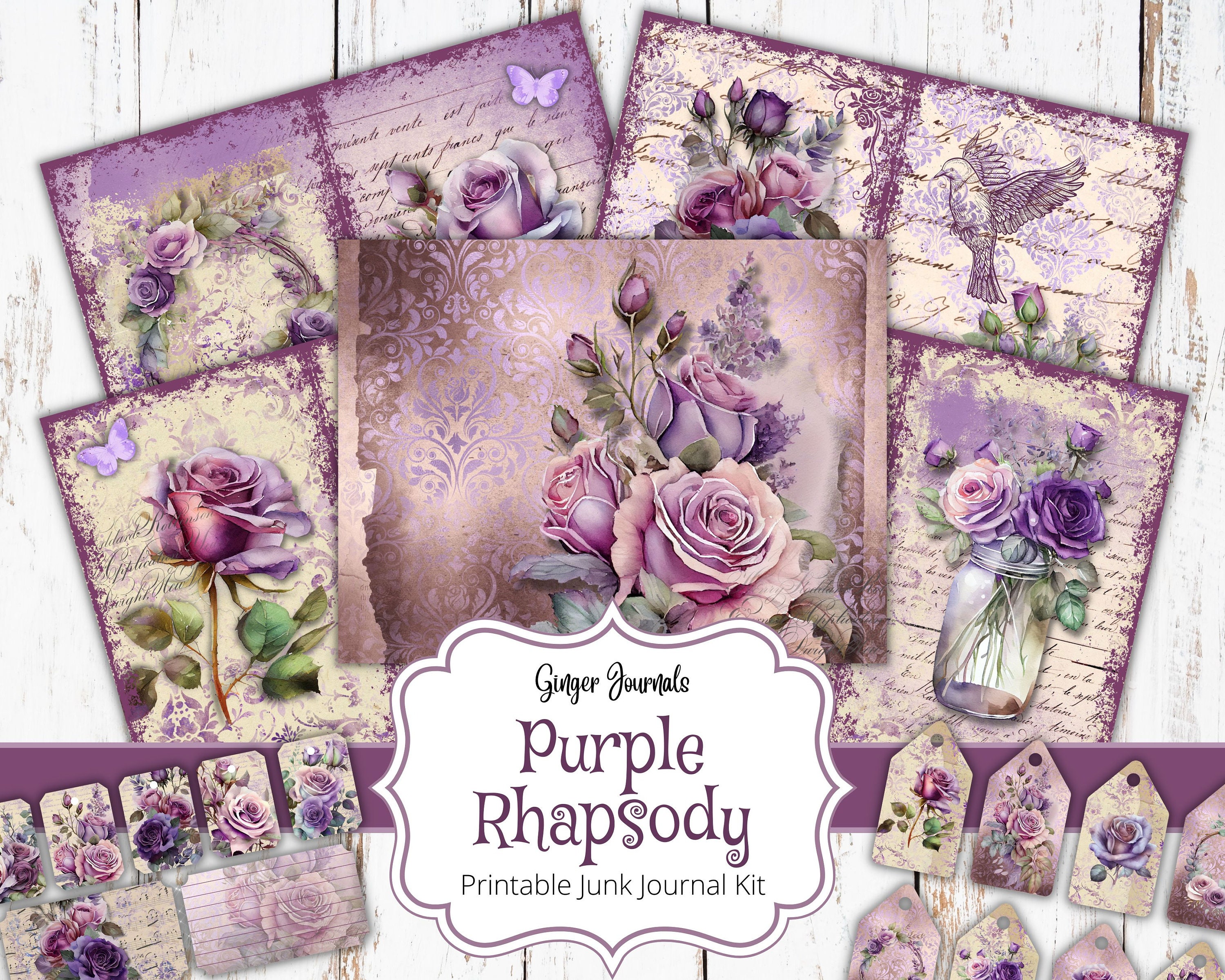 Purple Floral Junk Journal Kit, Purple Ephemera, Junk Journal Printable ...