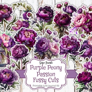 Cortes florais roxos sofisticados, paixão por peônias roxas, diário de sucata para impressão, kit diário de sucata, kit de itens efêmeros, flores de corte sofisticadas, itens efêmeros, roxo