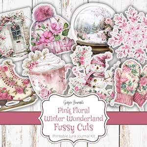 May include: Pink floral winter wonderland fussy cuts printable junk journal kit. The kit includes a snowflake, a snowman, a snow globe, a cup of hot chocolate, a pair of mittens, a pair of ice skates, and a pink floral hat.