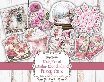 Pink Floral Winter Wonderland Fussy Cuts, Junk Journal Kit, Junk Journal Printable, Journal Ephemera, Christmas Journal, Snowlflakes, CM