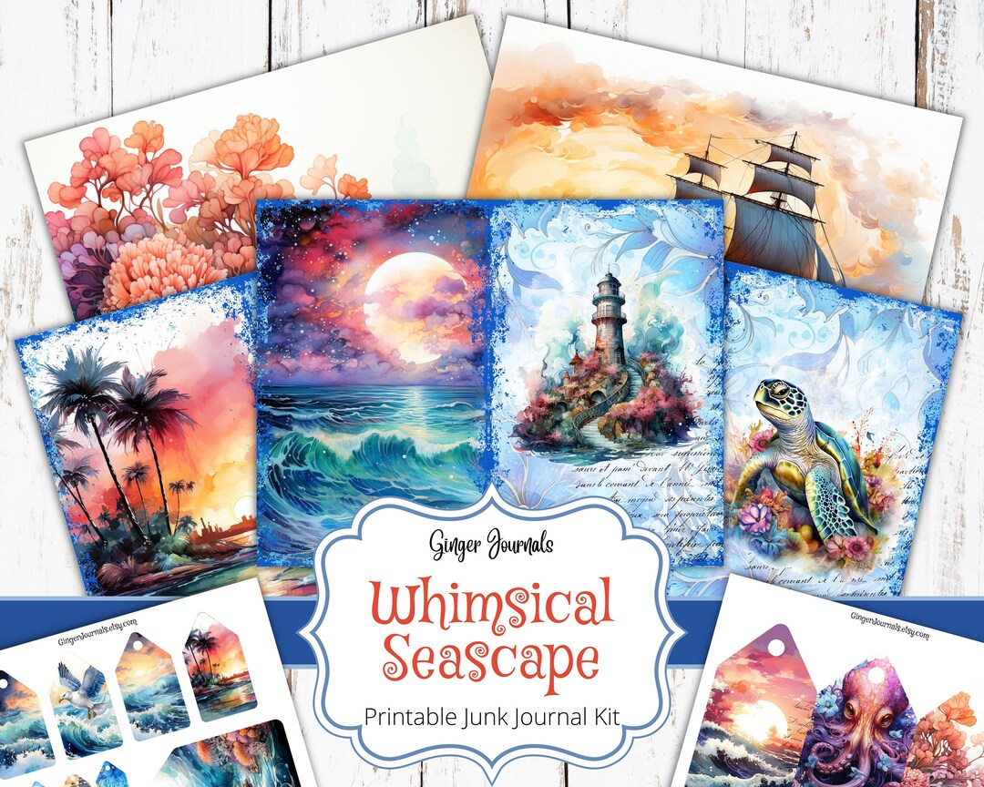 27 Page Whimsical Seascape Junk Journal Kit, Watercolor, Sea Junk ...