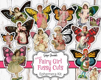 May include: Vintage ephemera kit with 10 digital images of fairy girls with butterfly wings. The images are in a whimsical style with bright colors and intricate details. The kit includes the text "Vintage Ginger Journals Fairy Girl Fussy Cuts Ephemera Kit".